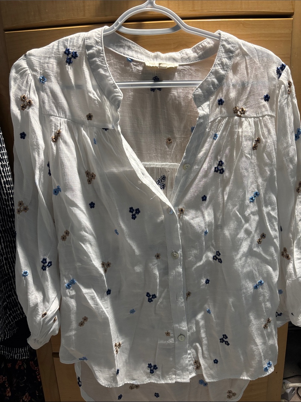 White Button-Front Peasant Blouse with Blue & Tan Embroidery